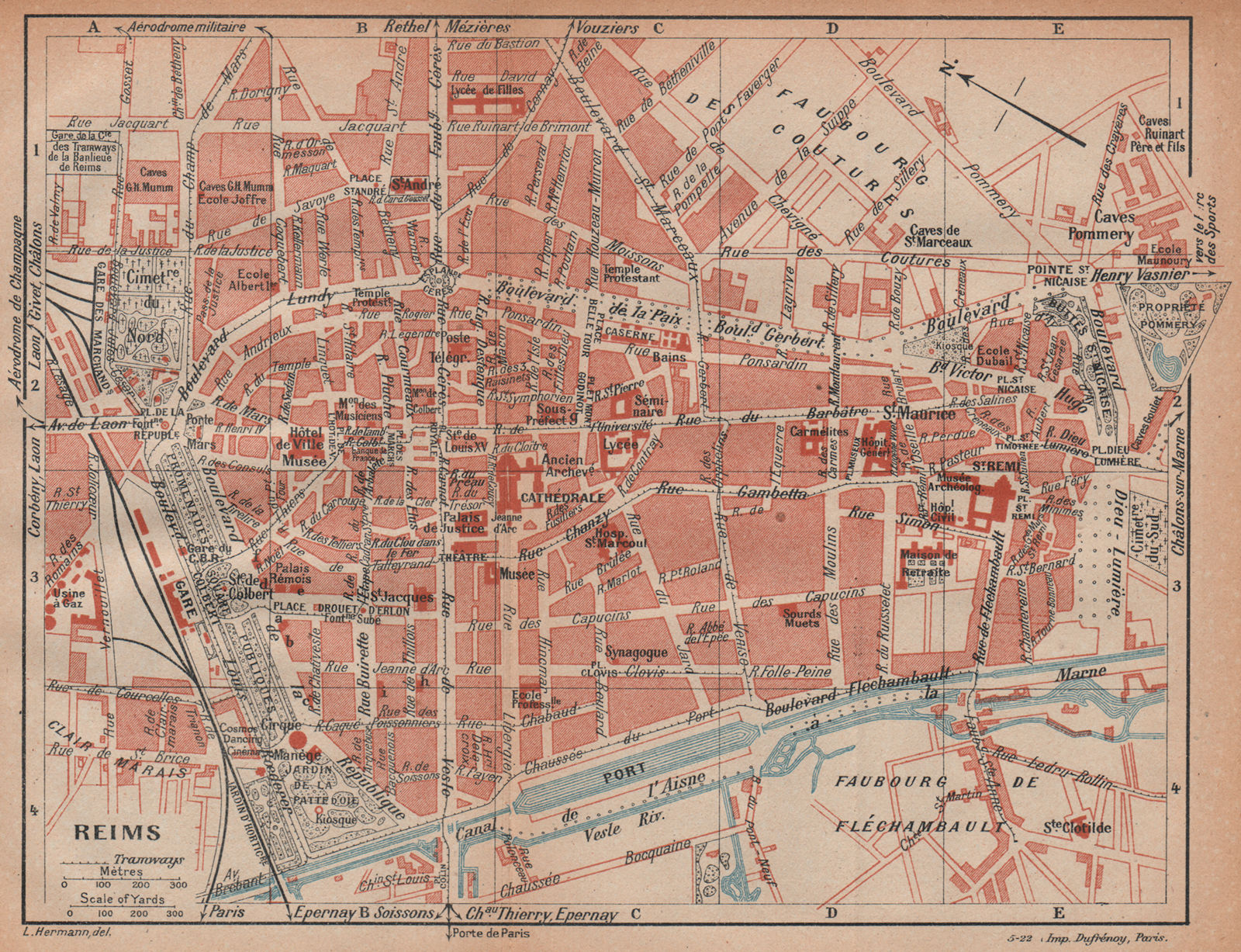 REIMS. Vintage town city ville map plan carte. Marne 1922 old antique